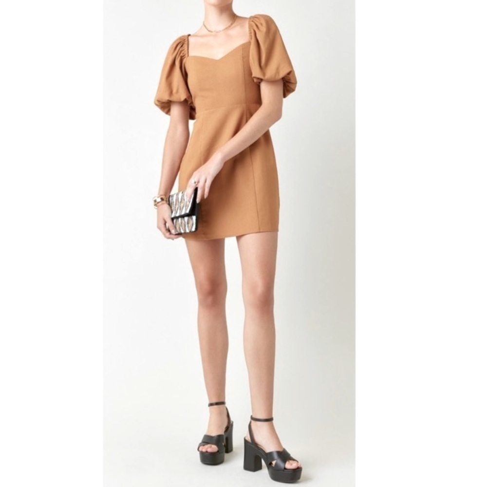 Grettie Bow Back brown Mini Dress puff sleeves - Picture 3 of 7